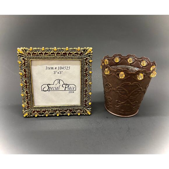 Victorian Gothic Style Ornate Cast Metal Photo Frame & Votive Candle Holder Set - Picture 1 of 4